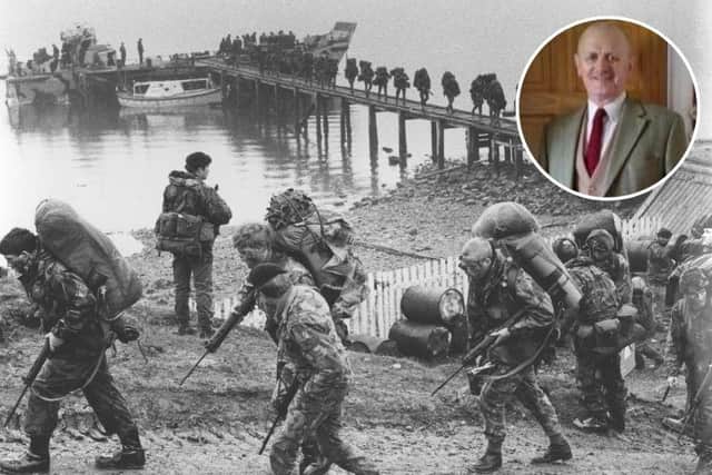 British troops arriving in the Falklands Islands during the Falklands War and inset, Colin Coull