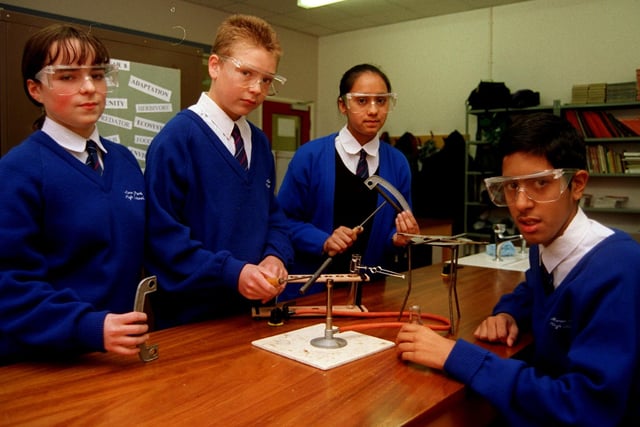 Studying expansion experiments at Moor Park High School, Deepdale, Preston are (left to right) Lyndsay Harkin, Sean Carter, Seethal Kaur and  Asmid Arshid