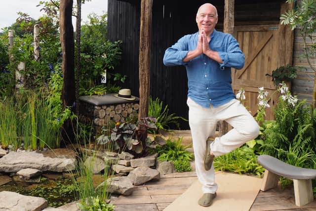 David Williams finds time for yoga in his Paradise Found garden at the RHS Flower Show Tatton park    Photo:Fiona Finch