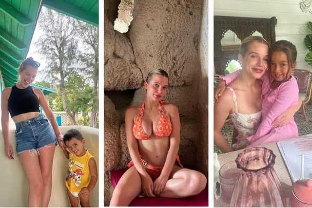 Helen Flanagan has shared her holiday tips after a trip to Barbados. She is pictured with son Charlie (left) and daughter Matilda (right). Images: hjgflanagan on Instagram