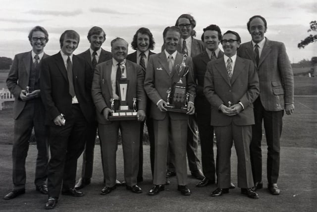 The Ashton and Lea Golf Club team, which won the Fylde League and Final Challenge Trophy. Pictured (from left to right): Tony Gradwell, Walter Henery, Adrian Lewthwaite (individual prize), Bill Mawdesley, Harold Varley (team captain), Howard Wilkinson, Cyril Flynn (club captain), Steve Wilkinson, Bill Hunt and Steve Carroll