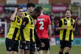 Gavin Massey scorer of the first goal, receives congratulations from team-mates (photo: Steve Mclellan/AFC Fylde)