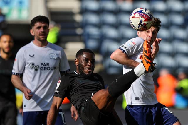 Stoke’s Junior Tchamadeu battles with PNE’s Ryan Ledson (photo: Alex Dodd/CameraSport)