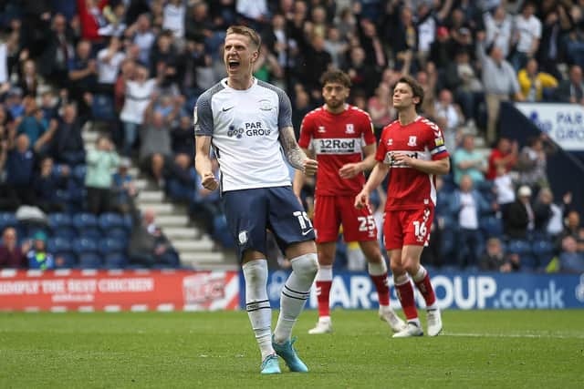 Preston North End's Emil Riis celebrates scoring his side's fourth goal against Middlesbrough in the final game of last season.