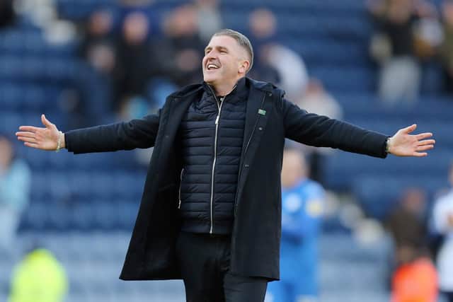 Preston North End manager Ryan Lowe celebrates after the victory over Bournemouth at Deepdale