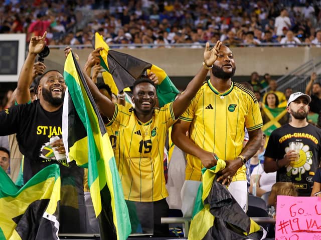 Jamaica's supporters cheer ahead of the Concacaf 2023 Gold Cup Group A football match between the USA and Jamaica