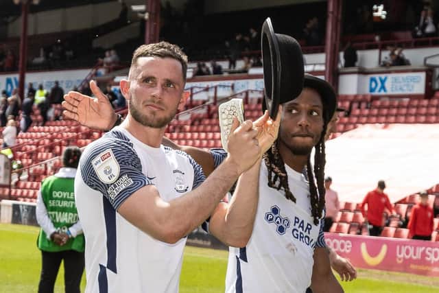 Preston North End's Alan Browne and Daniel Johnson wearing Gentry Day hats after the victory against Barnsley at Oakwell