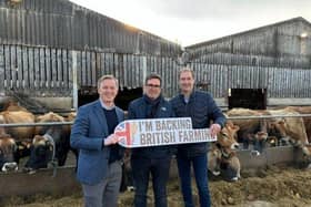 NFU member Johnny Hewitt, Mayor of Greater Manchester, Andy Burnham and NFU member and host Jason Enthwistle
