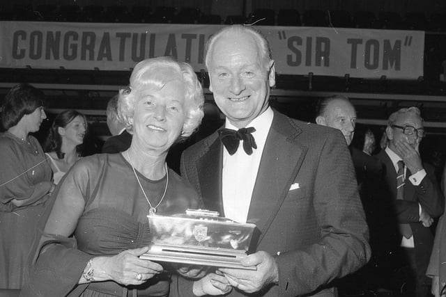 Tom Finney holding his Freedom of the Borough silver casket with his wife Elsie