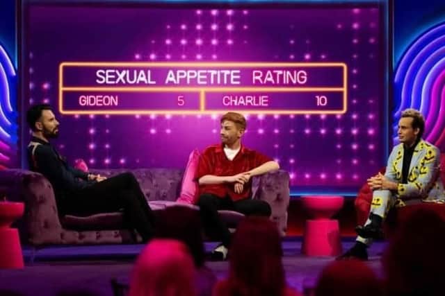 Gideon on the show with Rylan (left) and one of his ex-boyfriends (right). Credit: Channel 4.