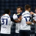 Tom Barkhuizen of Preston North End celebrates with teammates after scoring his team's first goal during the Sky Bet Championship match between Preston North End and Sheffield Wednesday. (Photo by Jan Kruger/Getty Images)