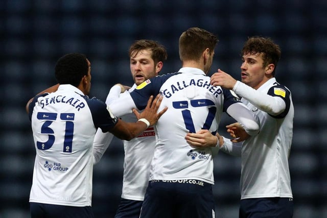 Tom Barkhuizen of Preston North End celebrates with teammates after scoring his team's first goal during the Sky Bet Championship match between Preston North End and Sheffield Wednesday. (Photo by Jan Kruger/Getty Images)
