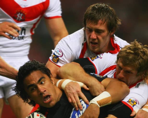 Bryn Hargreaves, above, playing for St Helens against his hometown team Wigan