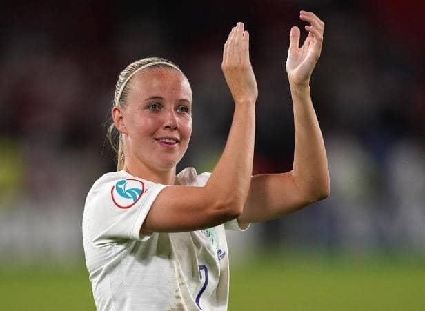 England's Beth Mead celebrates after the Lionesses crushed Sweden 4-0 in the Euro's semi-final