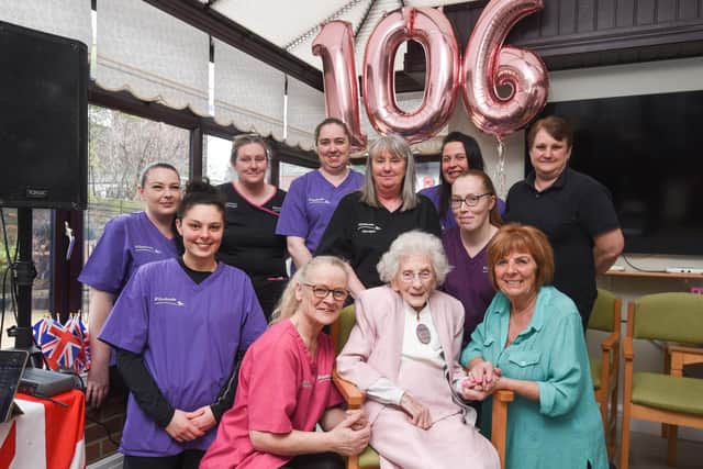 Eunice Byers celebrating her 106th birthday with staff from Willowbrooke Residential Care Home
