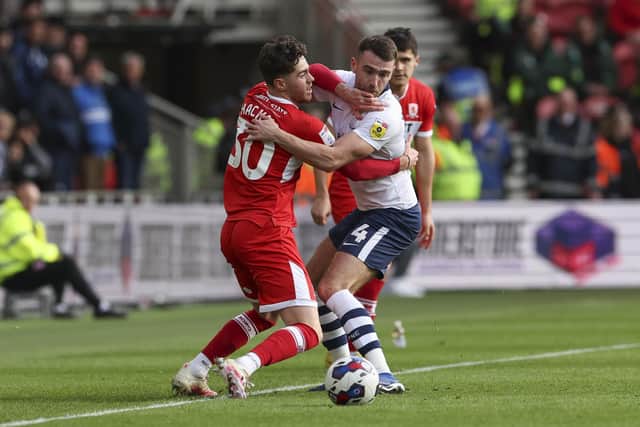 Middlesbrough's Hayden Hackney is challenged by Preston North End's Ben Whiteman