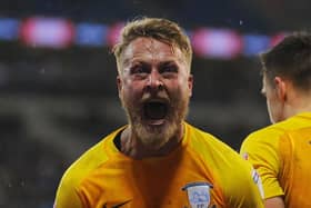 Preston North End's Tom Clarke celebrates scoring.