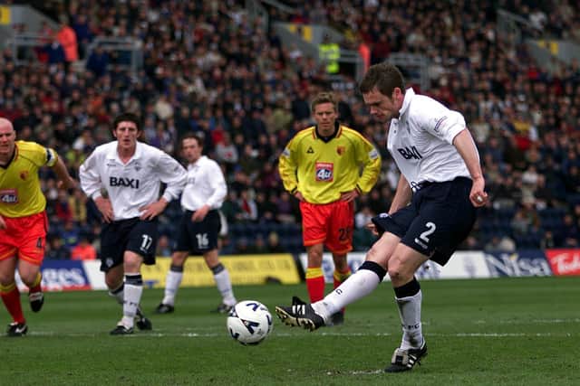 22 Apr 2001: Graham Alexander of Preston North End scores Preston's first goal from the penalty spot during the Nationwide First Division match between Preston North End and Watford at Deepdale, Preston. DIGITAL IMAGE. Mandatory Credit: Gary M. Prior/ALLSPORT
