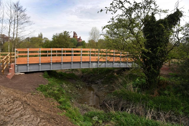 The newly rebuilt footbridge