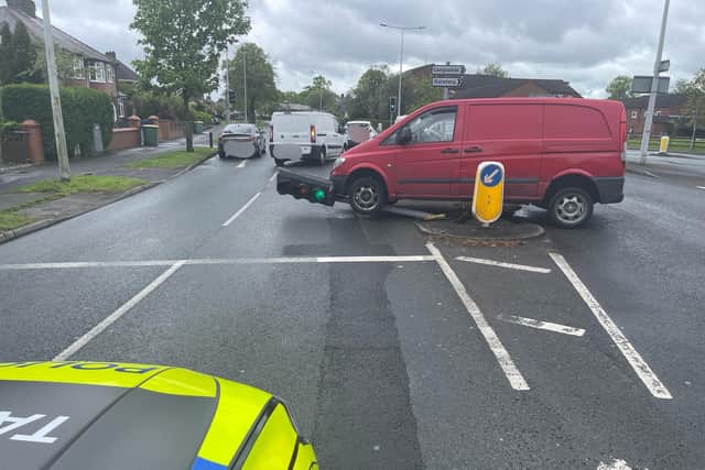 The Mercedes van driver blew three times over the limit after smashing into traffic lights in Watling Street Road, Fulwood yesterday (Wednesday, May 4)