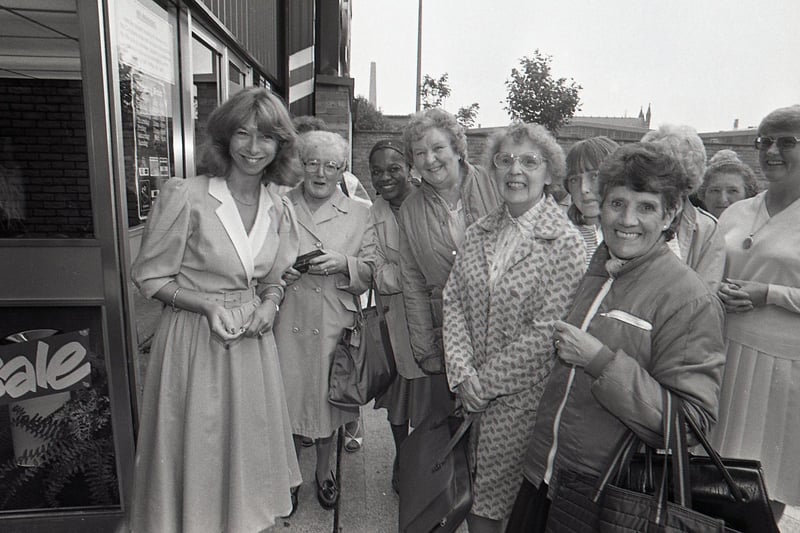Helen Worth (Gail from Coronation Street) opens MFI in Preston, September 1985