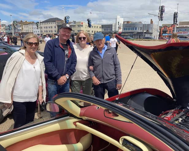 Best in Show title winner Dennis Atherton (second left) with his TVR Tuscan, Julie Lilley (left) and judges Jenny Mleczek and Martin Lilley at the TVR rally to mark 75 years since the sports car firm's founding