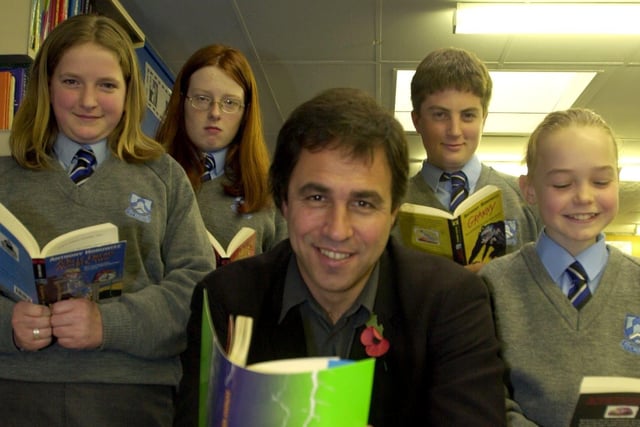 Author Anthony Horowitz with, from left, Samantha Innes, Jennifer Boylan, Joseph Hogarth and Tanya Whiles, at the opening of Brownedge St. Mary's High School library in Bamber Bridge, Preston