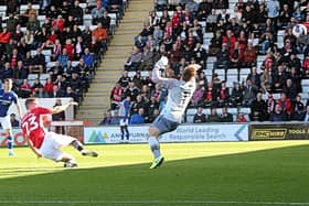 Kieran Phillips scores Morecambe’s goal (photo: Michael Williamson)