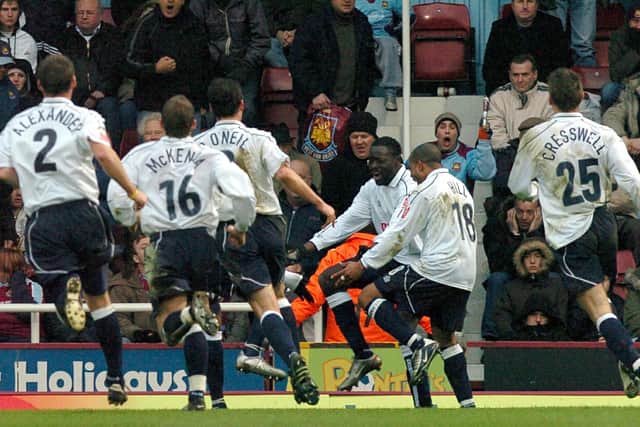 Patrick Agyemang celebrates with his Preston North End team-mates after scoring the winner against West Ham United in March 2005 at Upton Park