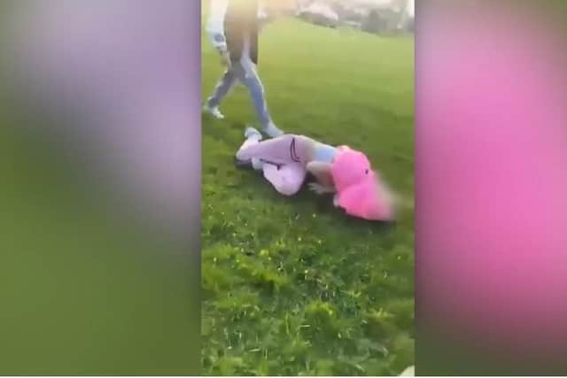 The girl was left slumped on the ground after being punched and knocked unconscious by a gang of teenagers