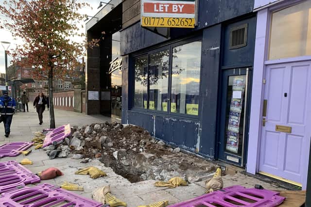 A hole on Fishergate was left unguarded after the barriers surrounding it came down (image courtesy of County Cllr Erica Lewis)