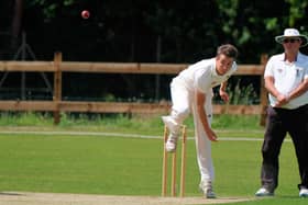 Leyland v Chorley Cricket. Sam Steeple bowling for Chorley.