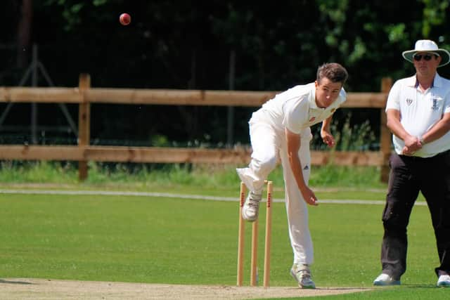 Leyland v Chorley Cricket. Sam Steeple bowling for Chorley.