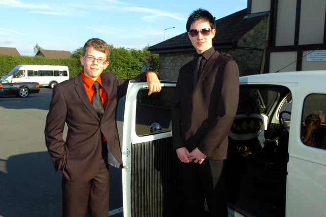 Daniel Spicer and Aaron O'Brien arrive for the Our Lady's High School Prom night at The Crofters, Cabus in 2009