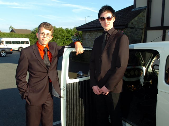 Daniel Spicer and Aaron O'Brien arrive for the Our Lady's High School Prom night at The Crofters, Cabus in 2009