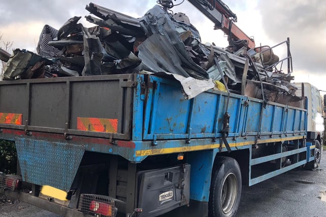 This unsafe lorry was stopped by Lancashire Police's commercial vehicle enforcement team in the Lancaster area. 
Drivers hours, load and mechanical defects are dealt with by prohibition and prosecution   This HGV was taken off the road and a referral was made to the Traffic Commissioner.