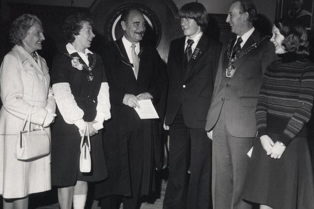 The Mayoress of Wyre, Mrs Doreen Ball, presents certificates and prizes at Fleetwood Grammar School in 1976. From left: Coun Mrs E Hope, the Mayoress and chairman of governors; Mr D Magnin, head master; Christopher Leech, who received the Grieve Trophy for All Round Efforts merit prize, the Mayor Of Wyre Coun Bill Ball; and Sally Green, recipient of the War Memorial prize