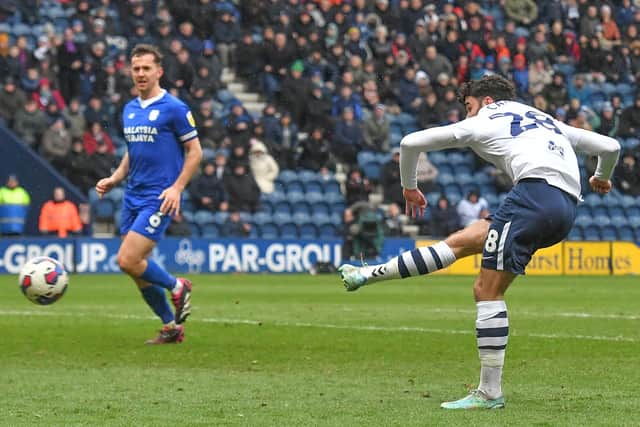 Preston North End's Tom Cannon scores his team’s first goal