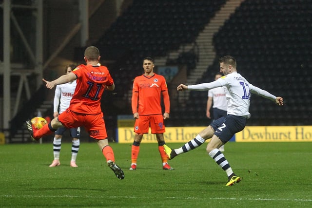 Preston North End's Paul Gallagher sees his shot saved