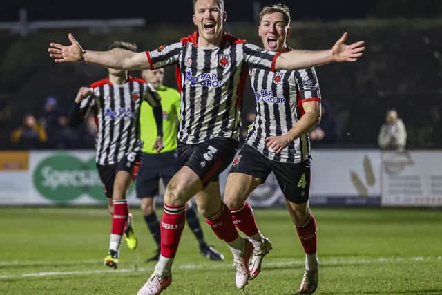 Chorley Mark Ellis celebrates scoring the opening goal against Brackley Town (photo: David Airey/dia_images)