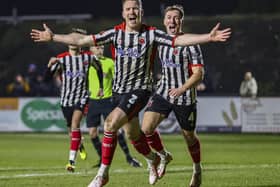 Chorley Mark Ellis celebrates scoring the opening goal against Brackley Town (photo: David Airey/dia_images)
