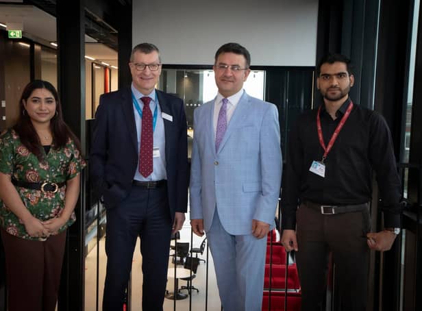 His Excellency Muhammad Tariq Wazir, Consul General of Pakistan paid a diplomatic visit to UCLan where he met Vice-Chancellor Professor Graham Baldwin, and Pakistani students, Romesa Kamran (left) and Muhammed Siddiqi (right).