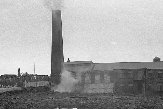 The chimney that was taken down by Fred Dibnah in Lancaster in the mid 1970s. Picture courtesy of Keith Taylor.