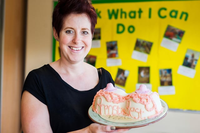 Mum Paula Boyer with her "Boob" Cake at the Mexbrough Breast Feeding Support Group at their Breast is Best Coffee Morning in 2013