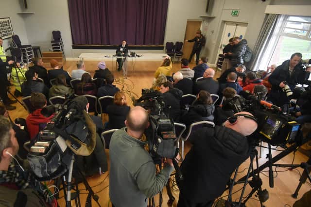 The press conference at St Michael's village hall.