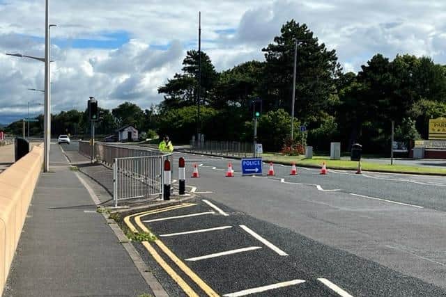 Police closed the road off near Happy Mount Park this morning after an accident on Coastal Road in Morecambe. Picture by Michelle Blade.
