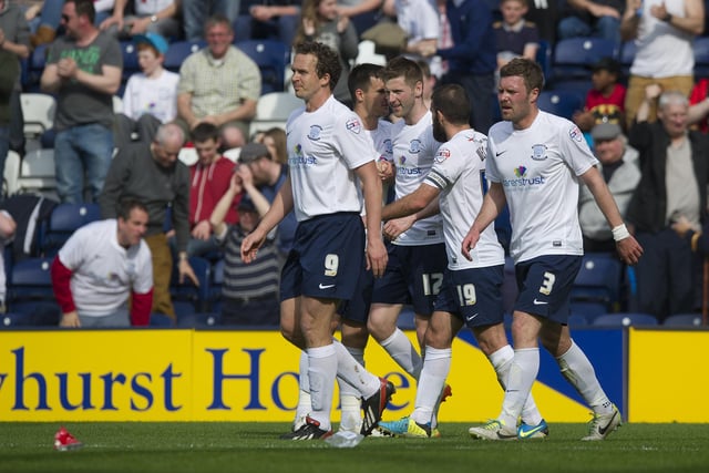 Preston North End's Paul Gallagher celebrates the first goal of his hat-trick and his teams third goal.