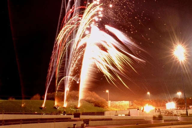 Fireworks light the night sky above Bubbles and The Dome in Morecambe