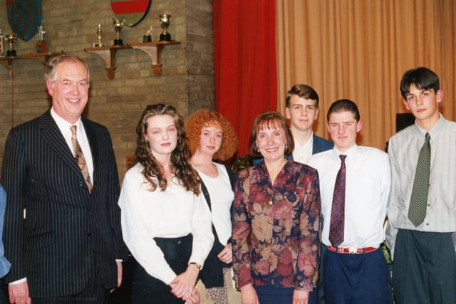 Lancashire's chief education officer Andrew Collier went back to school... to hand out prizes to worthy winners at Fulwood High School's annual presentation evening. He is pictured (left) with prize winners Caroline Wilson, Claire McWilliam, Graham Parker, Simon Whitehead and Simon Deakin, along with headteacher Mrs J Byrom