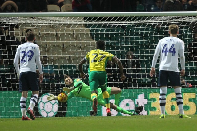 Preston North End's Declan Rudd saves a penalty from Norwich City's Marco Stiepermann